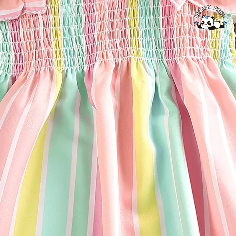 LEZONKIDS - New Summer Children's Wear Lace Strap Rainbow Stripe Princess Dress Burst Girls Casual Dress